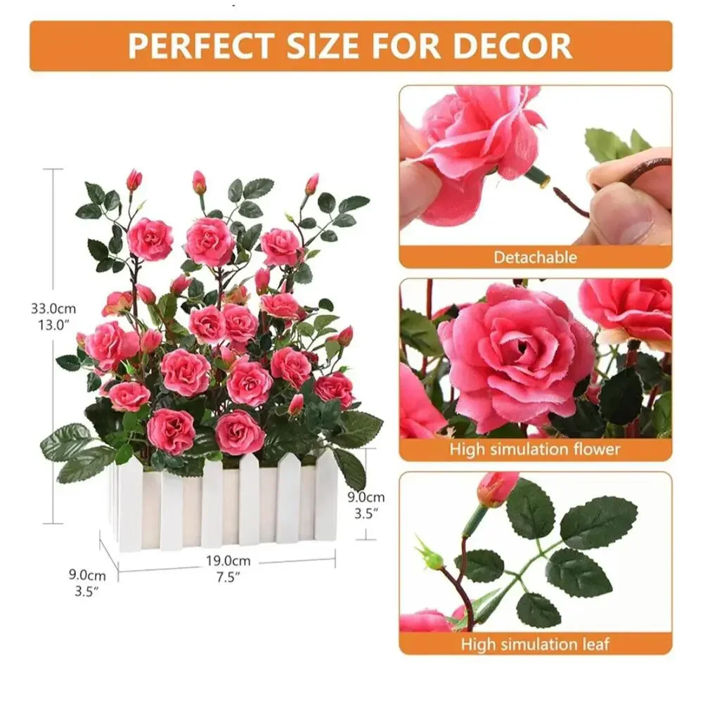 New Artificial Pink Rose Flower Arrangement in White Wooden Planter